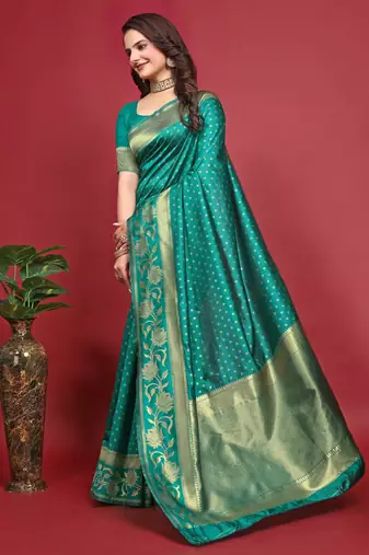 Rama silk blend banarasi saree with unstitched blouse piece