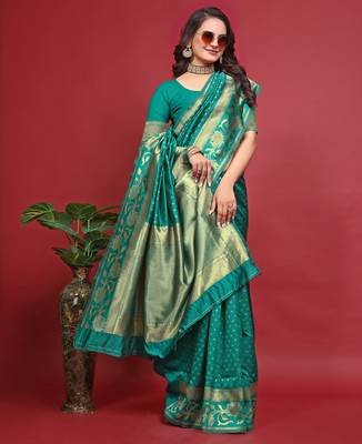 Rama silk blend banarasi saree with unstitched blouse piece 3