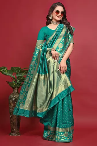 Rama silk blend banarasi saree with unstitched blouse piece