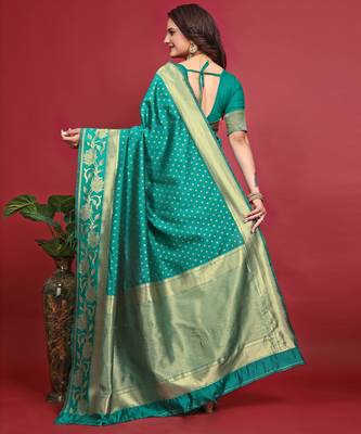 Rama silk blend banarasi saree with unstitched blouse piece 4