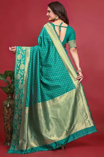 Rama silk blend banarasi saree with unstitched blouse piece
