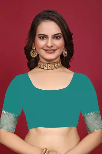 Rama silk blend banarasi saree with unstitched blouse piece
