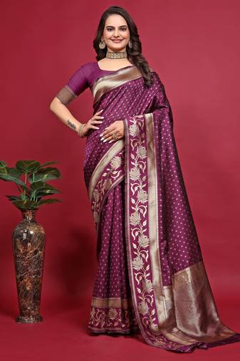 Wine soft silk blend banarasi jacuard work designer party wear saree with unstitched blouse piece