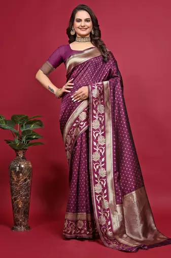 Wine soft silk blend banarasi jacuard work designer party wear saree with unstitched blouse piece