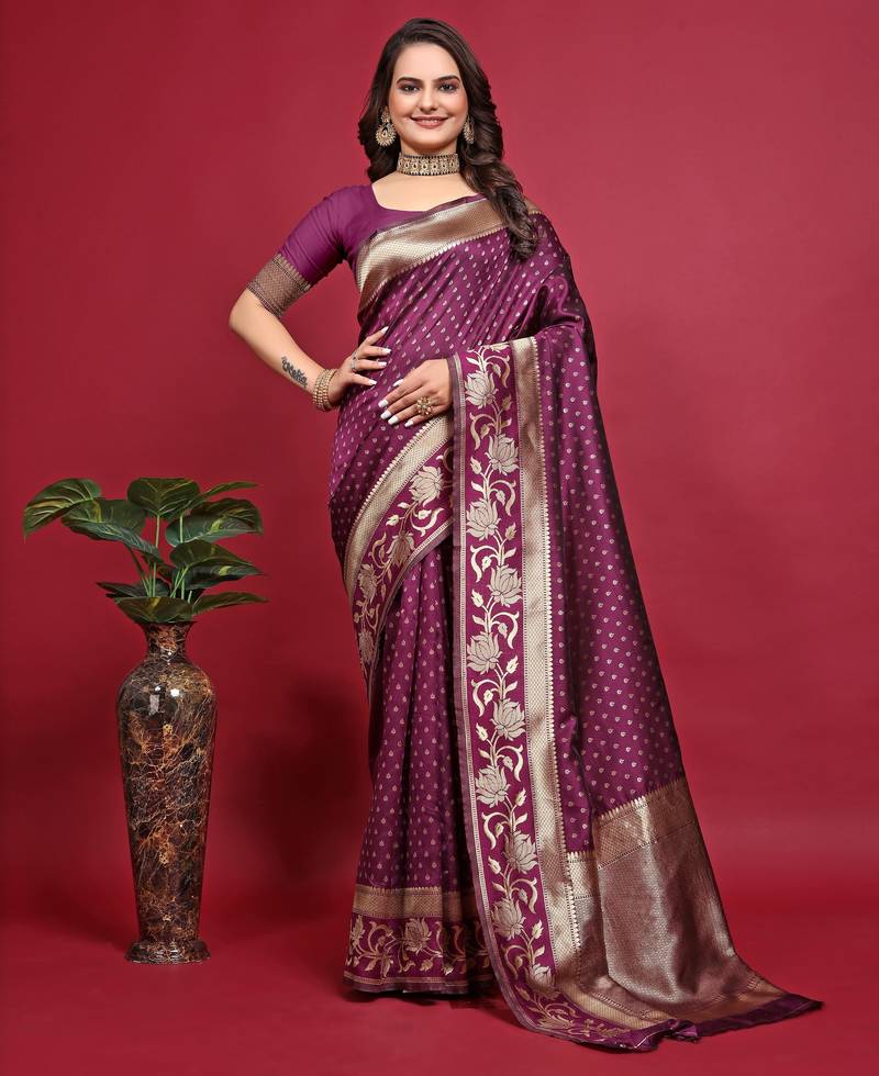 Wine soft silk blend banarasi jacuard work designer party wear saree with unstitched blouse piece