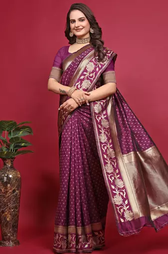 Wine silk blend banarasi saree with unstitched blouse piece