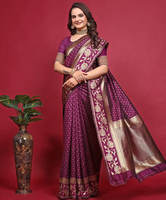 Wine silk blend banarasi saree with unstitched blouse piece 3
