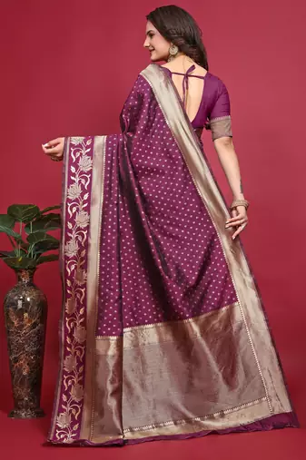 Wine silk blend banarasi saree with unstitched blouse piece