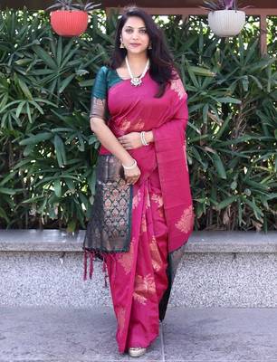Pink green silk blend banarasi saree with unstitched blouse piece 1