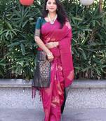 Pink green soft silk blend banarasi jacuard work designer party wear saree with unstitched blouse piece