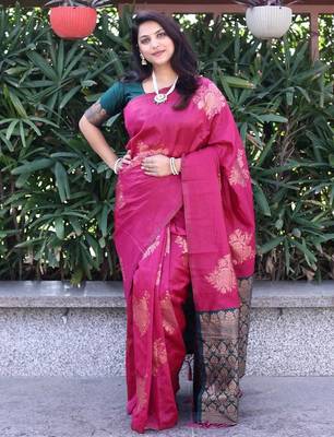 Pink green silk blend banarasi saree with unstitched blouse piece 2
