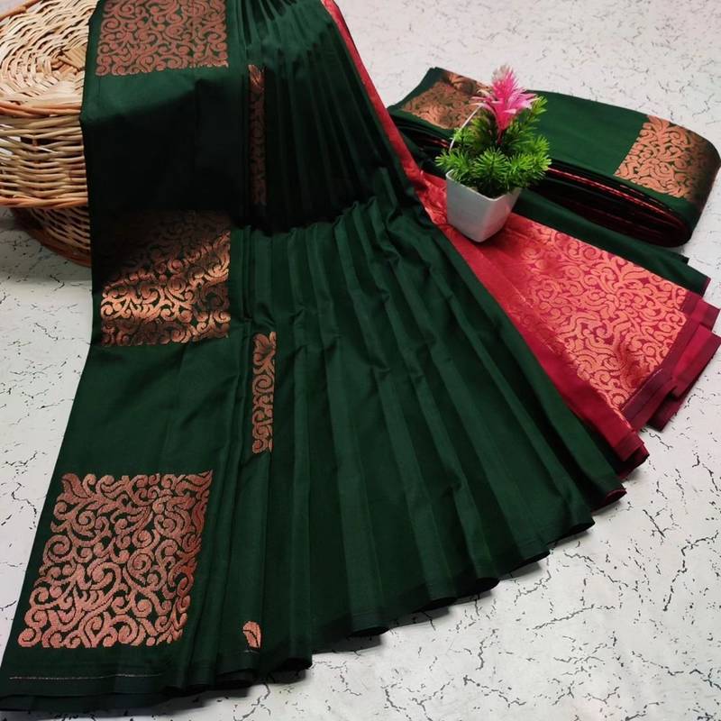 Green soft silk blend banarasi jacuard work designer party wear saree with unstitched blouse piece