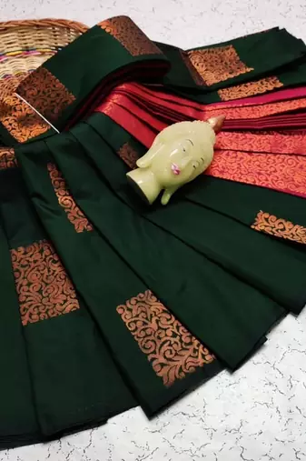 Green silk blend banarasi saree with unstitched blouse piece
