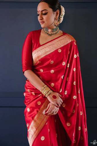 Red soft silk blend banarasi jacuard work designer party wear saree with unstitched blouse piece