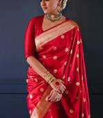 Red soft silk blend banarasi jacuard work designer party wear saree with unstitched blouse piece
