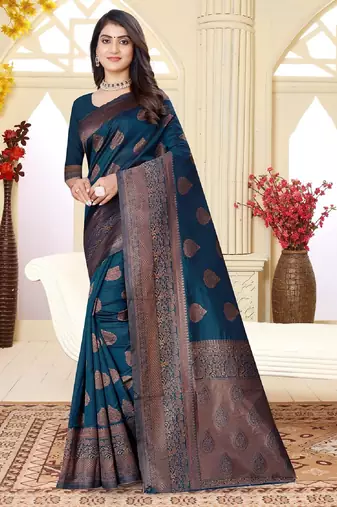 Morpich soft silk blend banarasi jacuard work designer party wear saree with unstitched blouse piece