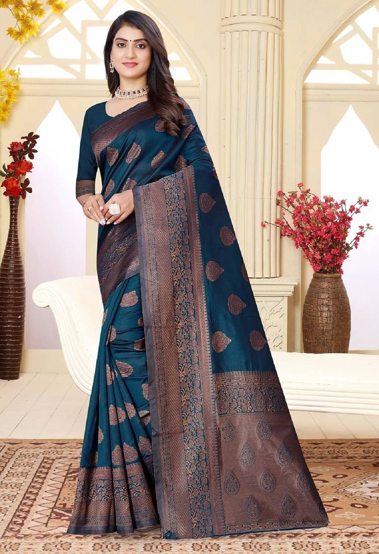 Morpich soft silk blend banarasi jacuard work designer party wear saree with unstitched blouse piece