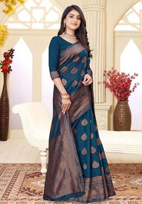 Morpich silk blend banarasi saree with unstitched blouse piece 3