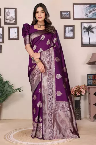 Wine soft silk blend banarasi jacuard work designer party wear saree with unstitched blouse piece