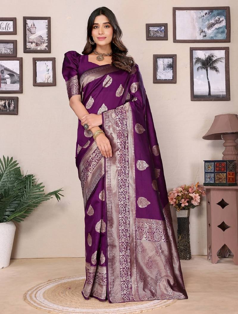 Wine soft silk blend banarasi jacuard work designer party wear saree with unstitched blouse piece