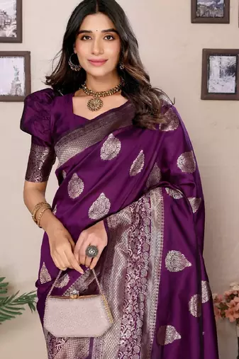 Wine silk blend banarasi saree with unstitched blouse piece