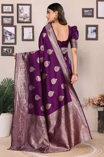Wine silk blend banarasi saree with unstitched blouse piece
