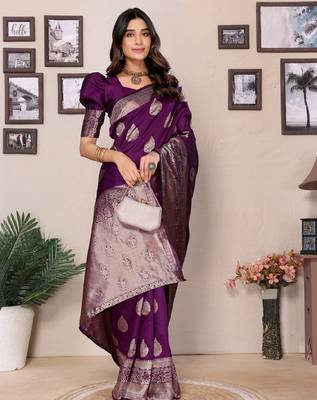 Wine silk blend banarasi saree with unstitched blouse piece 4