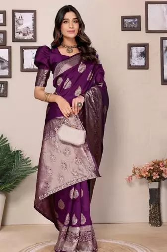 Wine silk blend banarasi saree with unstitched blouse piece
