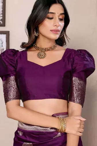 Wine silk blend banarasi saree with unstitched blouse piece