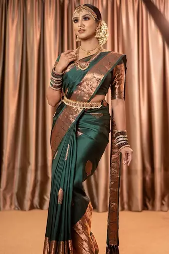 Green soft silk blend banarasi jacuard work designer party wear saree with unstitched blouse piece