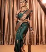 Green soft silk blend banarasi jacuard work designer party wear saree with unstitched blouse piece