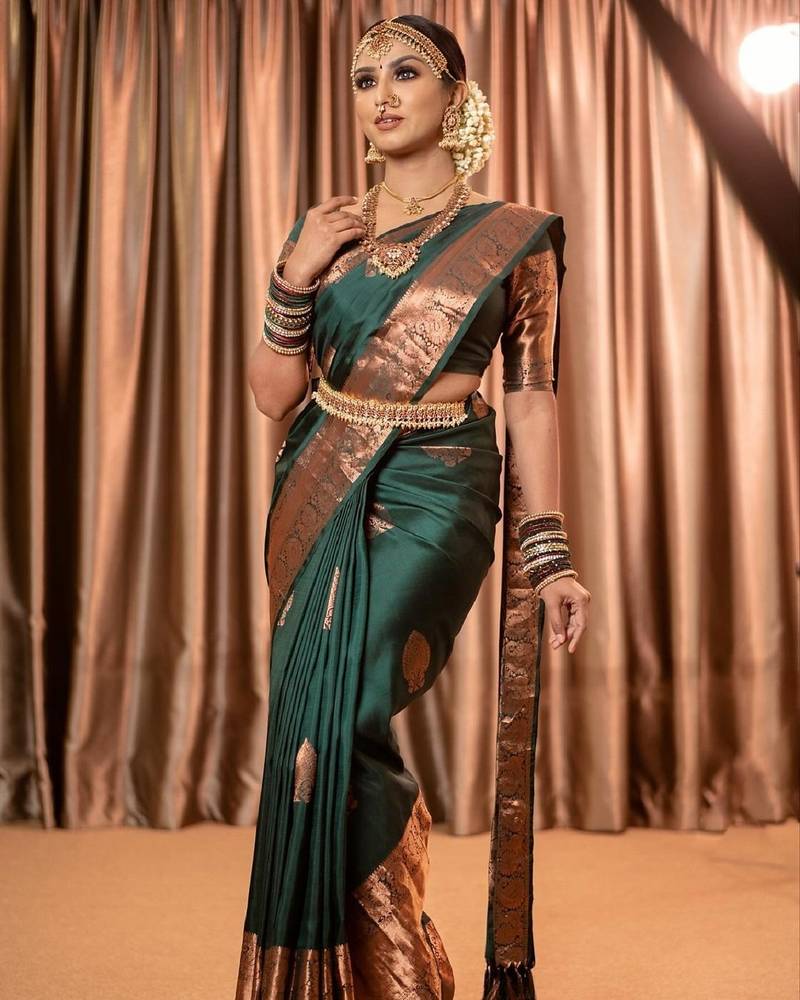 Green soft silk blend banarasi jacuard work designer party wear saree with unstitched blouse piece