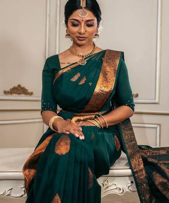 Green silk blend banarasi saree with unstitched blouse piece 1