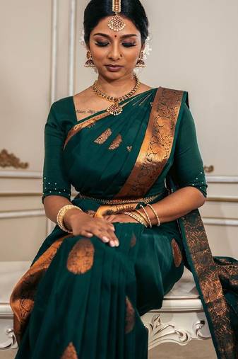 Green soft silk blend banarasi jacuard work designer party wear saree with unstitched blouse piece