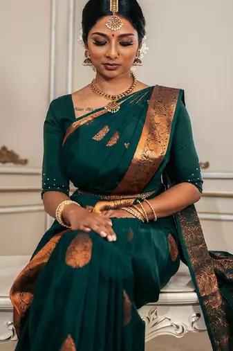 Green soft silk blend banarasi jacuard work designer party wear saree with unstitched blouse piece