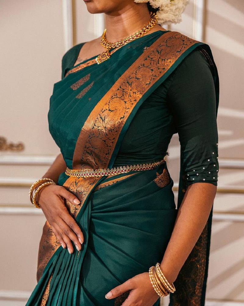 Green soft silk blend banarasi jacuard work designer party wear saree with unstitched blouse piece