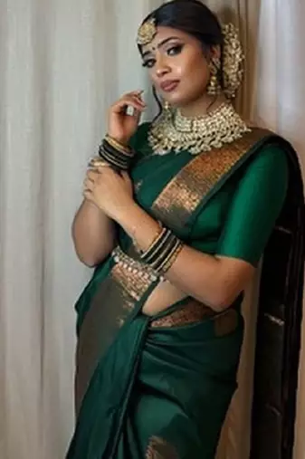 Green soft silk blend banarasi jacuard work designer party wear saree with unstitched blouse piece