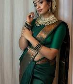 Green soft silk blend banarasi jacuard work designer party wear saree with unstitched blouse piece