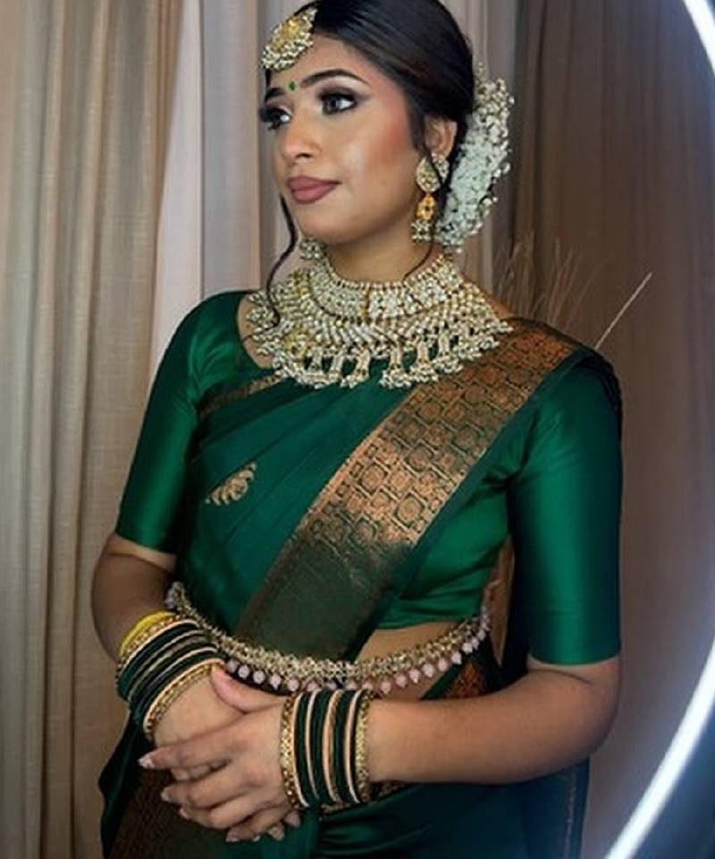 Green soft silk blend banarasi jacuard work designer party wear saree with unstitched blouse piece