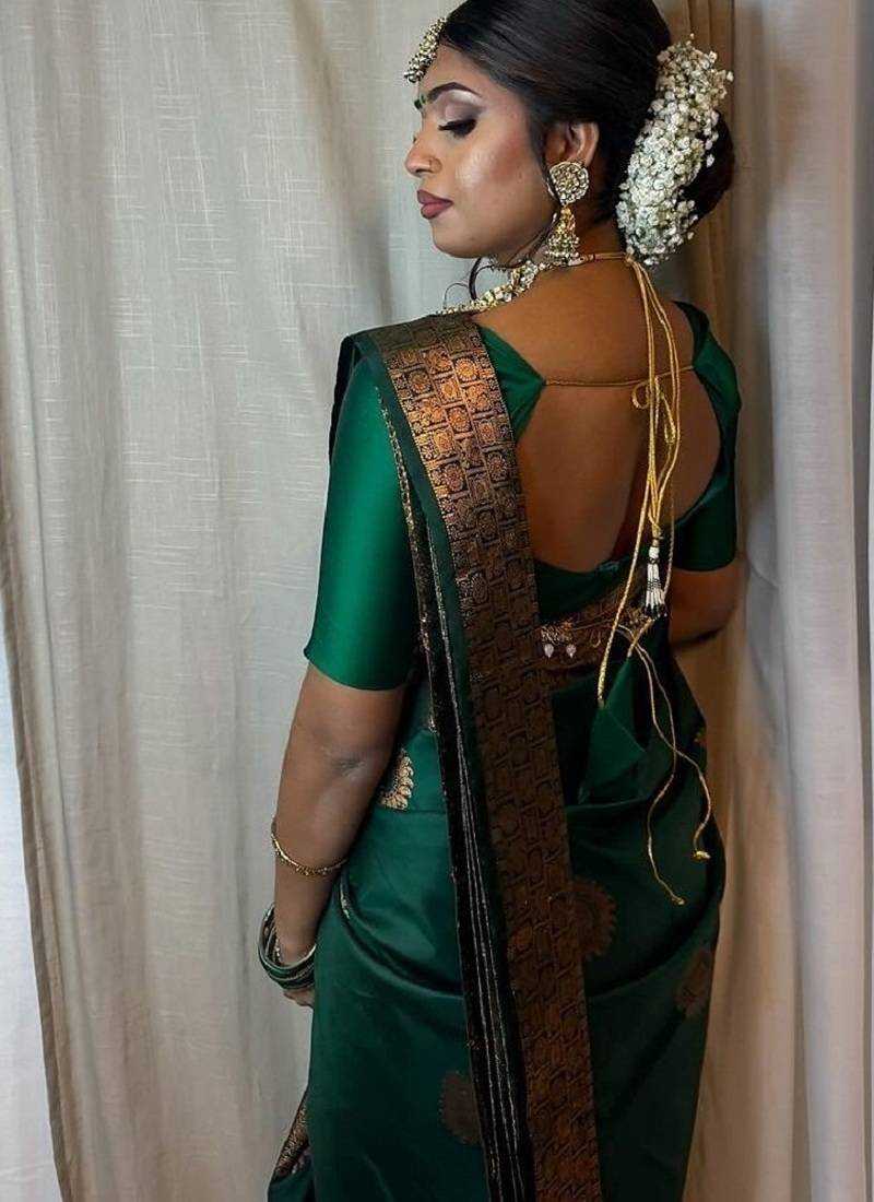 Green soft silk blend banarasi jacuard work designer party wear saree with unstitched blouse piece