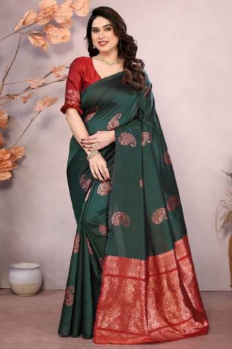 Green red soft silk blend banarasi jacuard work designer party wear saree with unstitched blouse piece