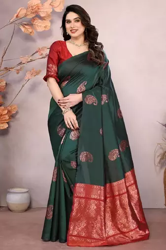 Green red soft silk blend banarasi jacuard work designer party wear saree with unstitched blouse piece