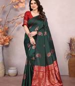 Green red soft silk blend banarasi jacuard work designer party wear saree with unstitched blouse piece