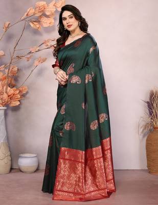 Green red silk blend banarasi saree with unstitched blouse piece 2