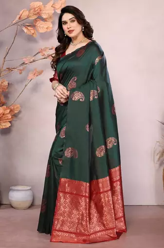Green red silk blend banarasi saree with unstitched blouse piece