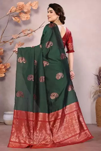 Green red silk blend banarasi saree with unstitched blouse piece