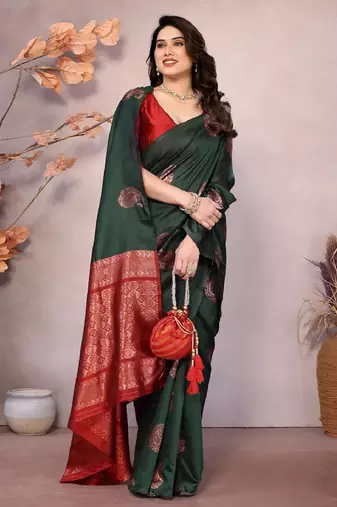 Green red silk blend banarasi saree with unstitched blouse piece