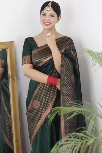Green soft silk blend banarasi jacuard work designer party wear saree with unstitched blouse piece