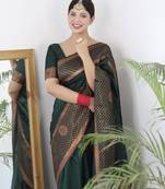 Green silk blend banarasi saree with unstitched blouse piece
