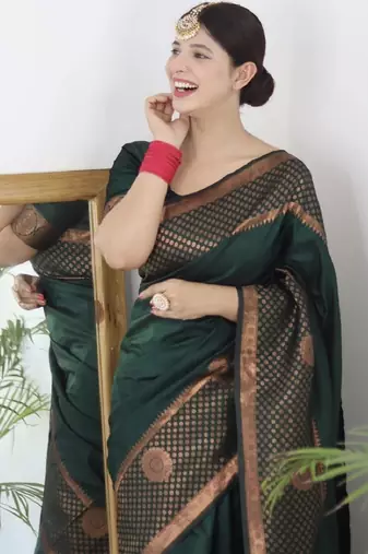 Green silk blend banarasi saree with unstitched blouse piece